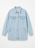 Light wash oversized denim jacket, front view on white background