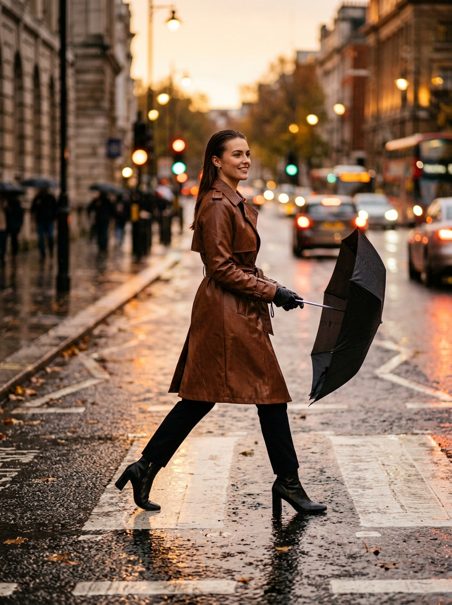 Woman wearing chestnut faux leather trench crossing a rainy autumn street
