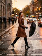 Woman wearing chestnut faux leather trench crossing a rainy autumn street