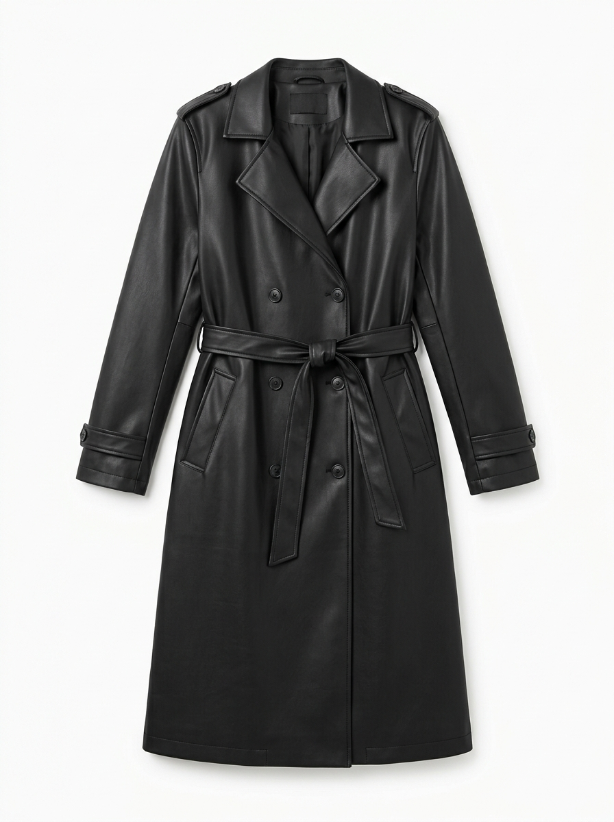 Black faux leather trench coat, front view on white background