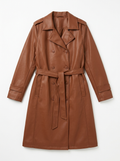 Chestnut faux leather trench coat, front view on white background