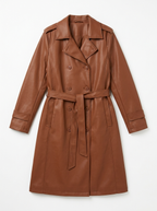 Chestnut faux leather trench coat, front view on white background