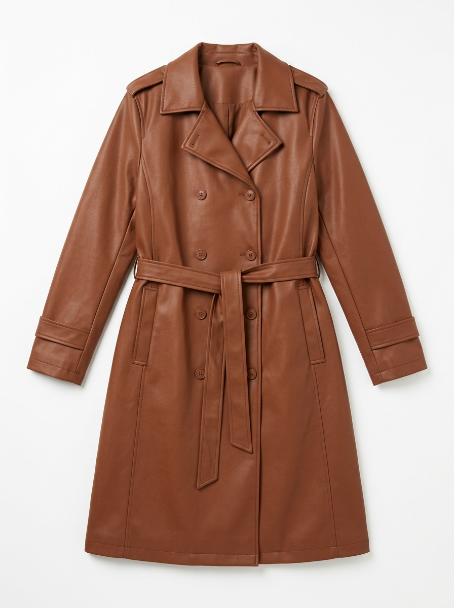 Chestnut faux leather trench coat, front view on white background