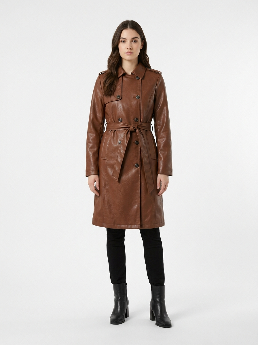 Chestnut faux leather trench worn by model, front view on white