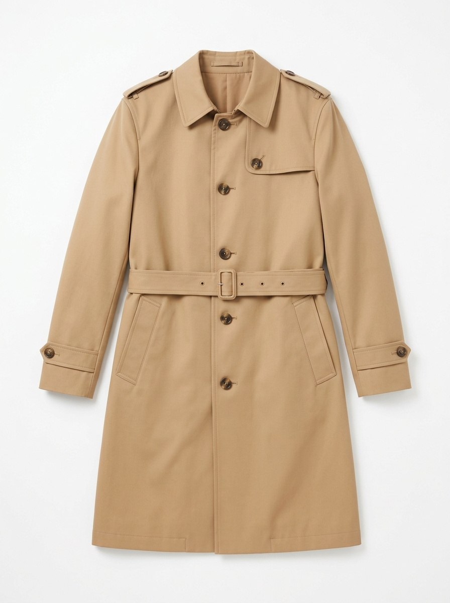Camel gabardine trench coat, front view on white background