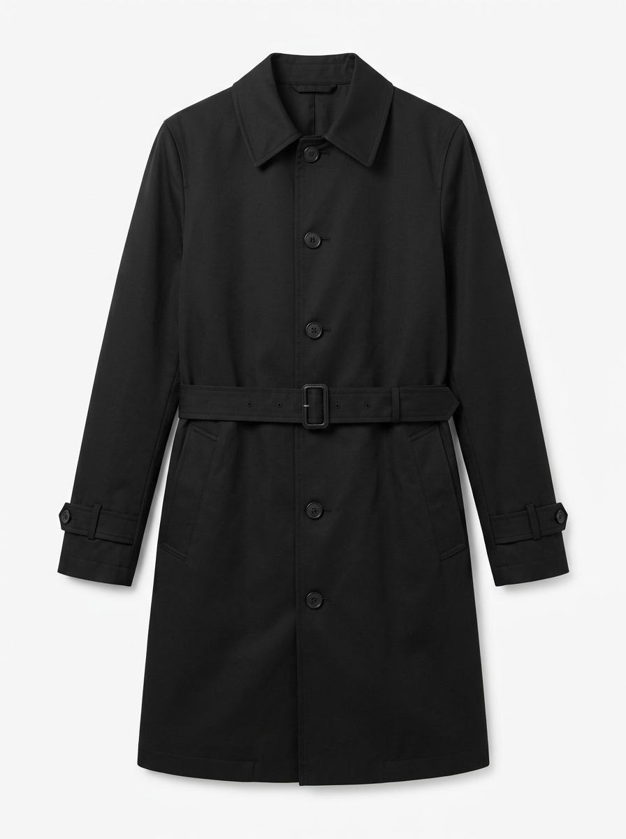 Black gabardine trench coat, front view on white background