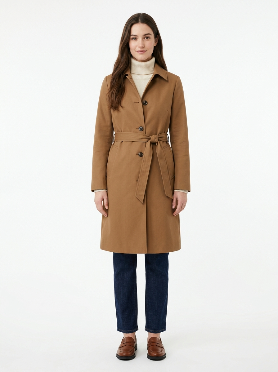 Camel trench coat worn by model, front view on white
