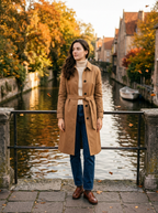 Woman wearing camel trench coat on an autumn canal bridge
