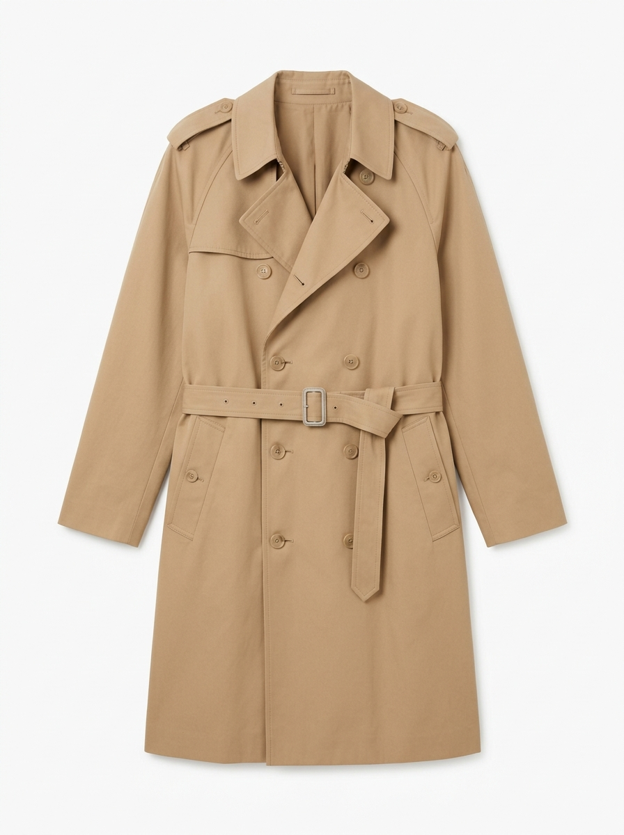 Camel double breasted trench coat, front view on white background
