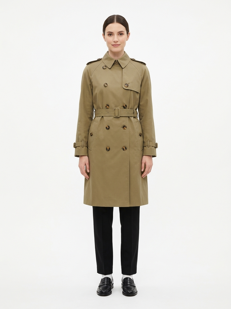 Khaki double breasted trench worn by model, front view on white