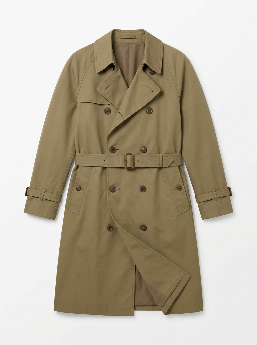 Khaki double breasted trench coat, front view on white background