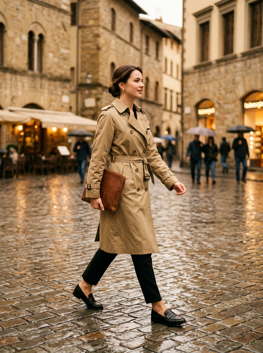 Woman wearing khaki trench coat in a rainy old town square in autumn