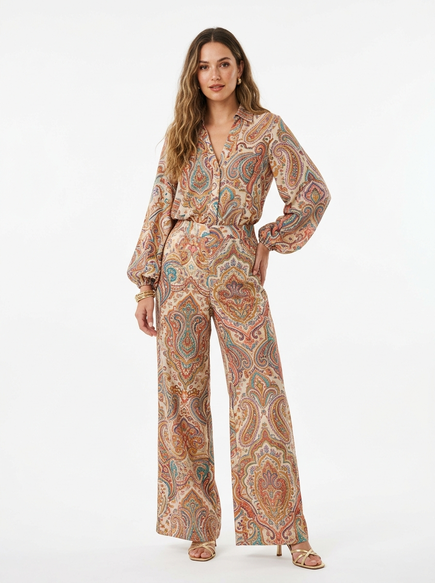 Multicolor paisley print pantsuit worn by model, front on white