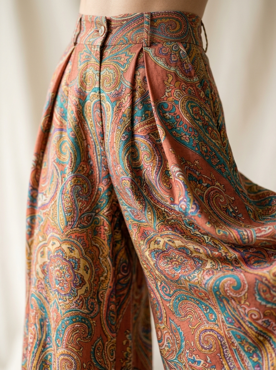 Paisley wide-leg trouser waist and drape close up