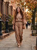Woman wearing paisley pantsuit on an autumn city street