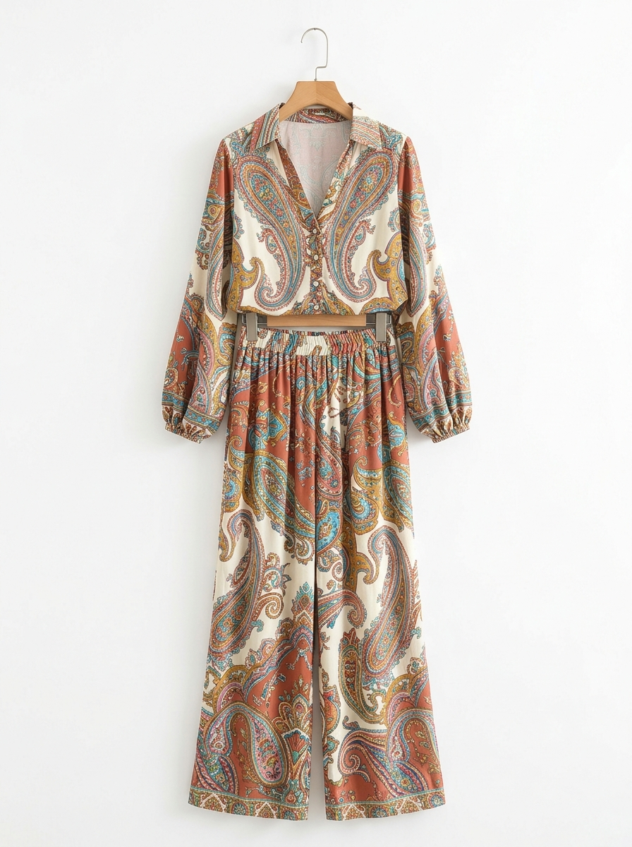 Paisley pantsuit two-piece on wooden hanger