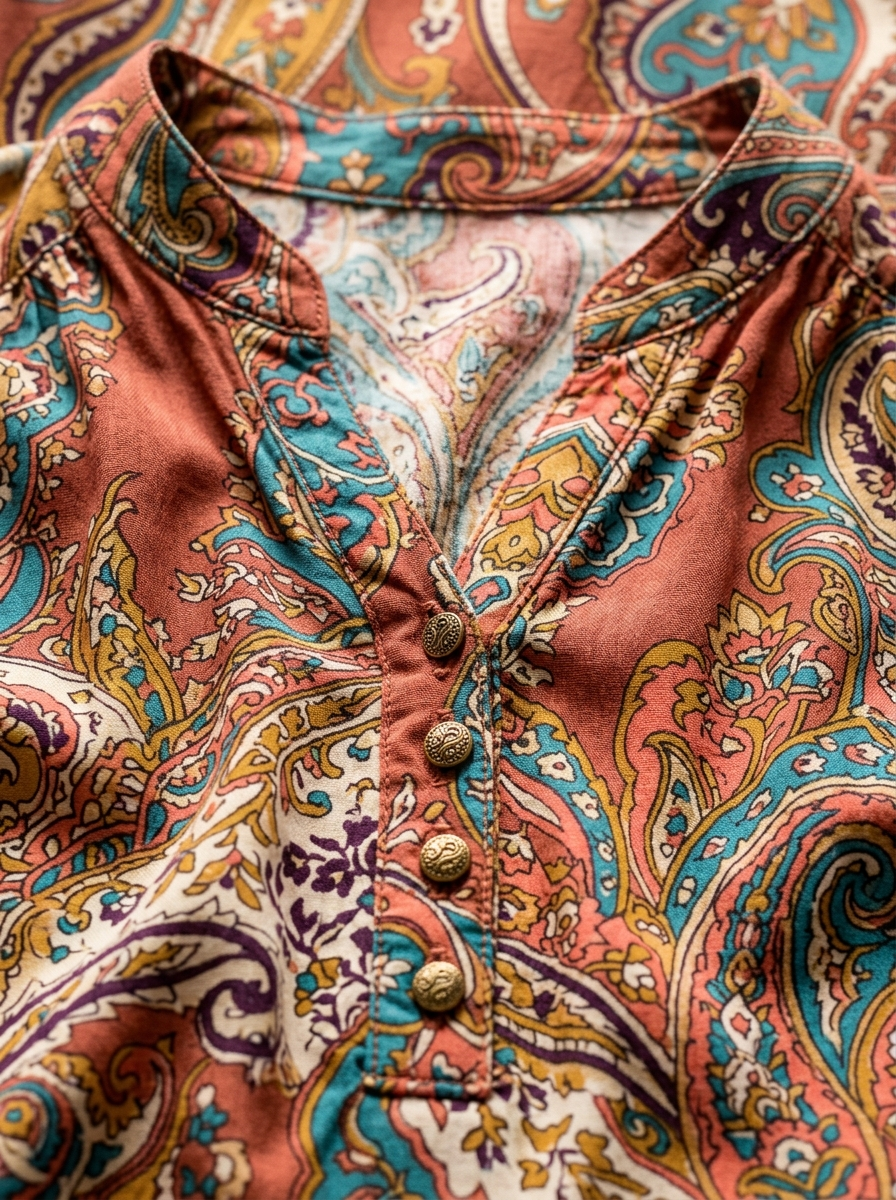 Paisley blouse v-neck placket and print close up