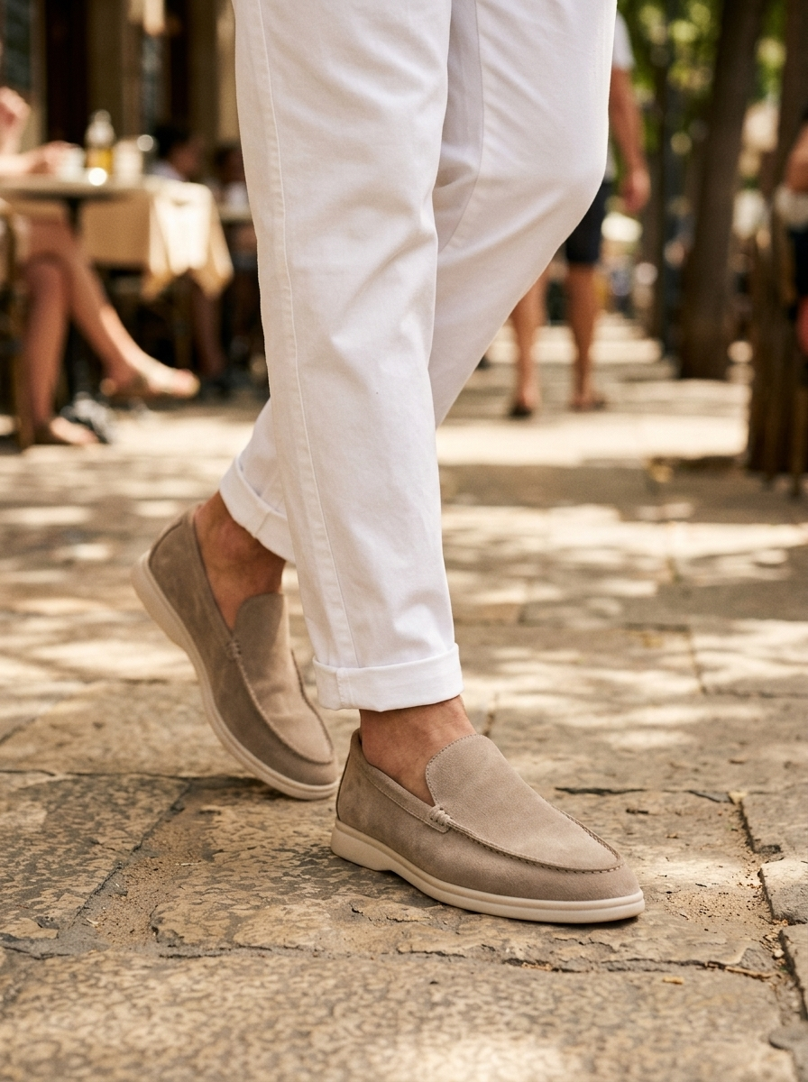 Man wearing beige suede laceless loafers on a sunlit street