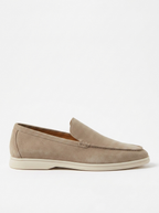 Beige suede laceless loafer, side profile