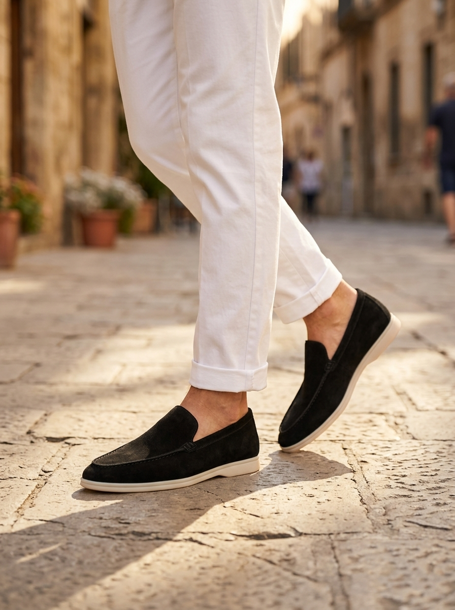Man wearing black suede laceless loafers on a sunlit street