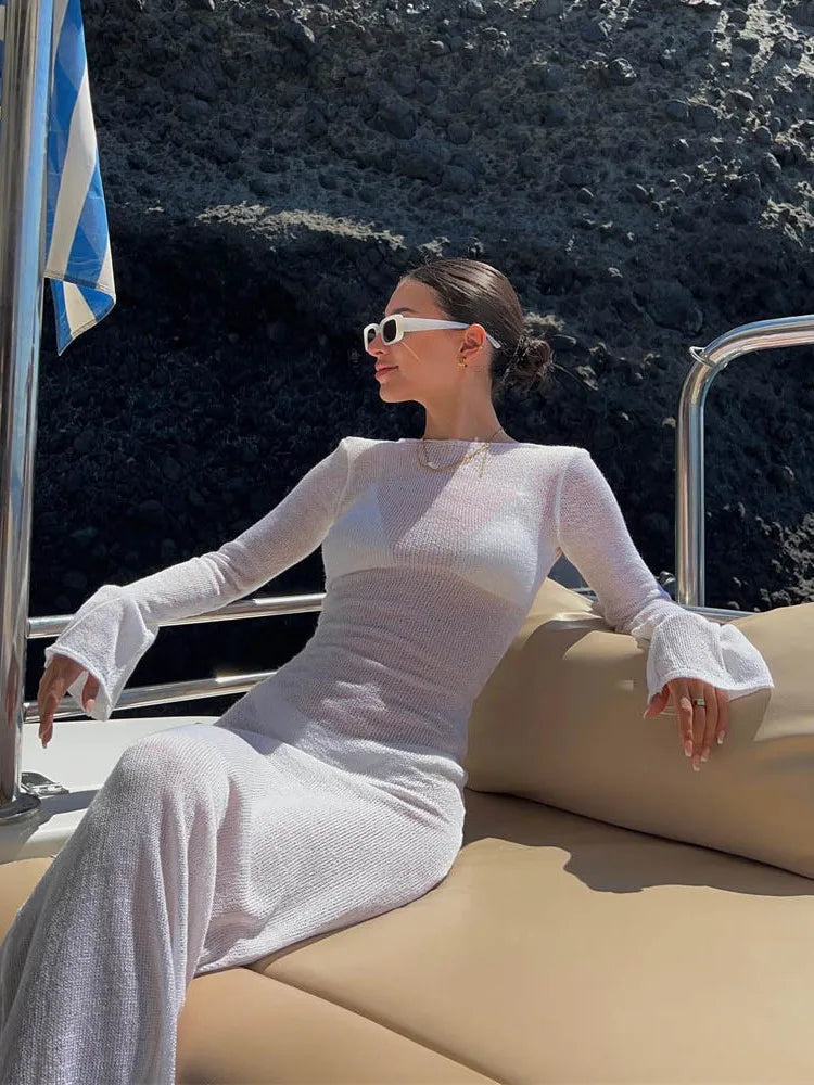 White Knitted Open-Back Beach Cover Up Dress