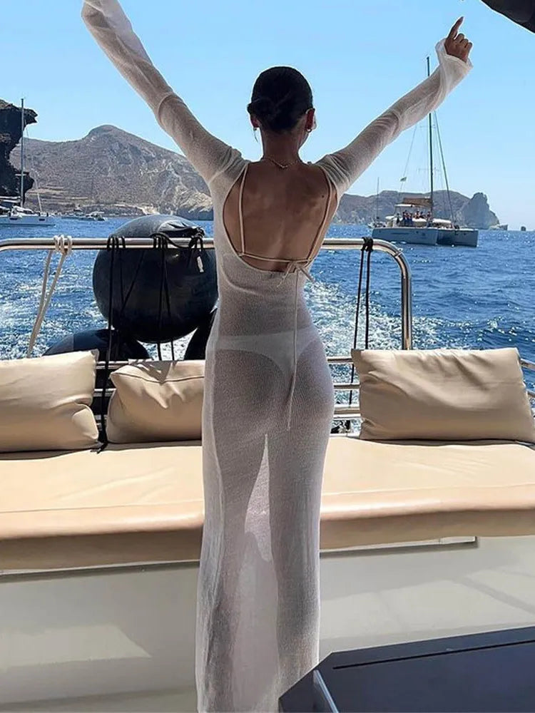 White Knitted Open-Back Beach Cover Up Dress