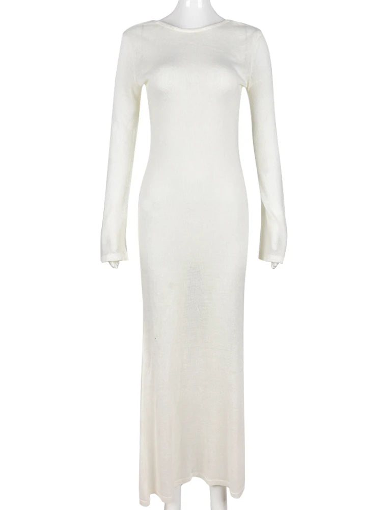 White Knitted Open-Back Beach Cover Up Dress