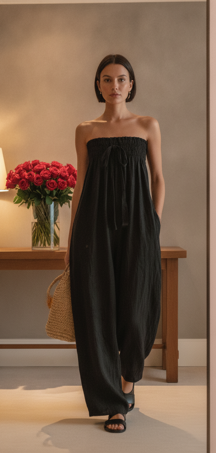Women’s Strapless Linen Blend Jumpsuit – Minimalist Tie-Front Loose Fit Full-Length