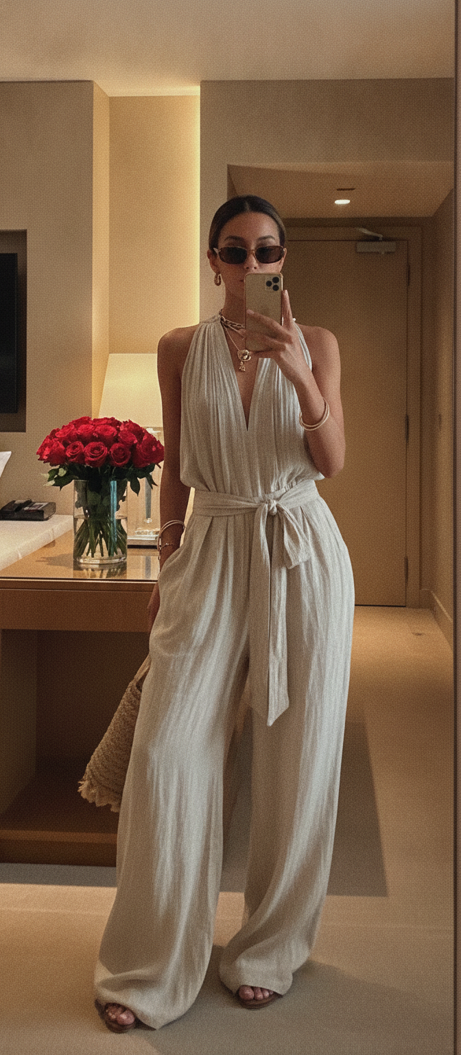 Women’s Linen Backless Lace-Up Jumpsuit – Loose Fit Summer Romper