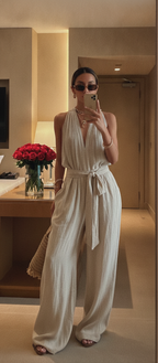 Women’s Linen Backless Lace-Up Jumpsuit – Loose Fit Summer Romper