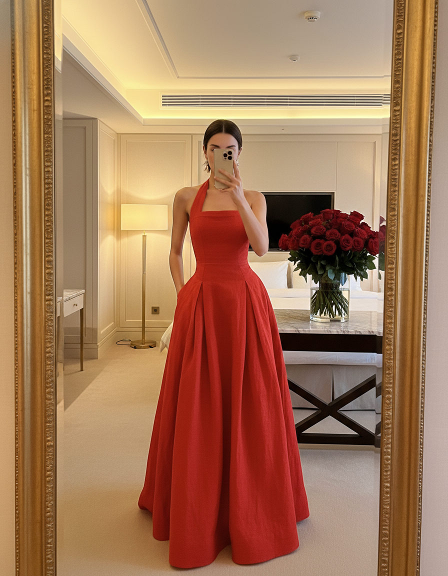Back view of red linen halter neck maxi dress with open back