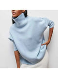 Blue oversized fold over turtleneck elbow sleeve knit sweater