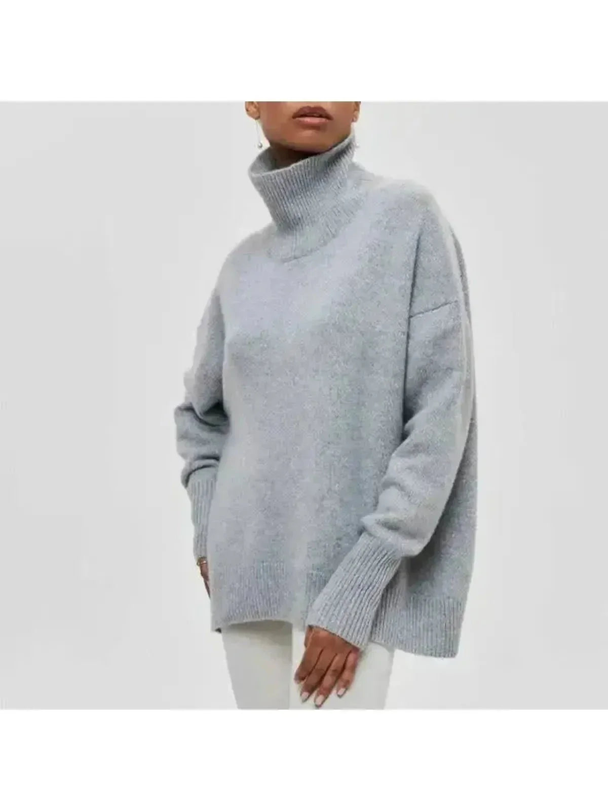 Gray oversized fold over turtleneck elbow sleeve knit sweater