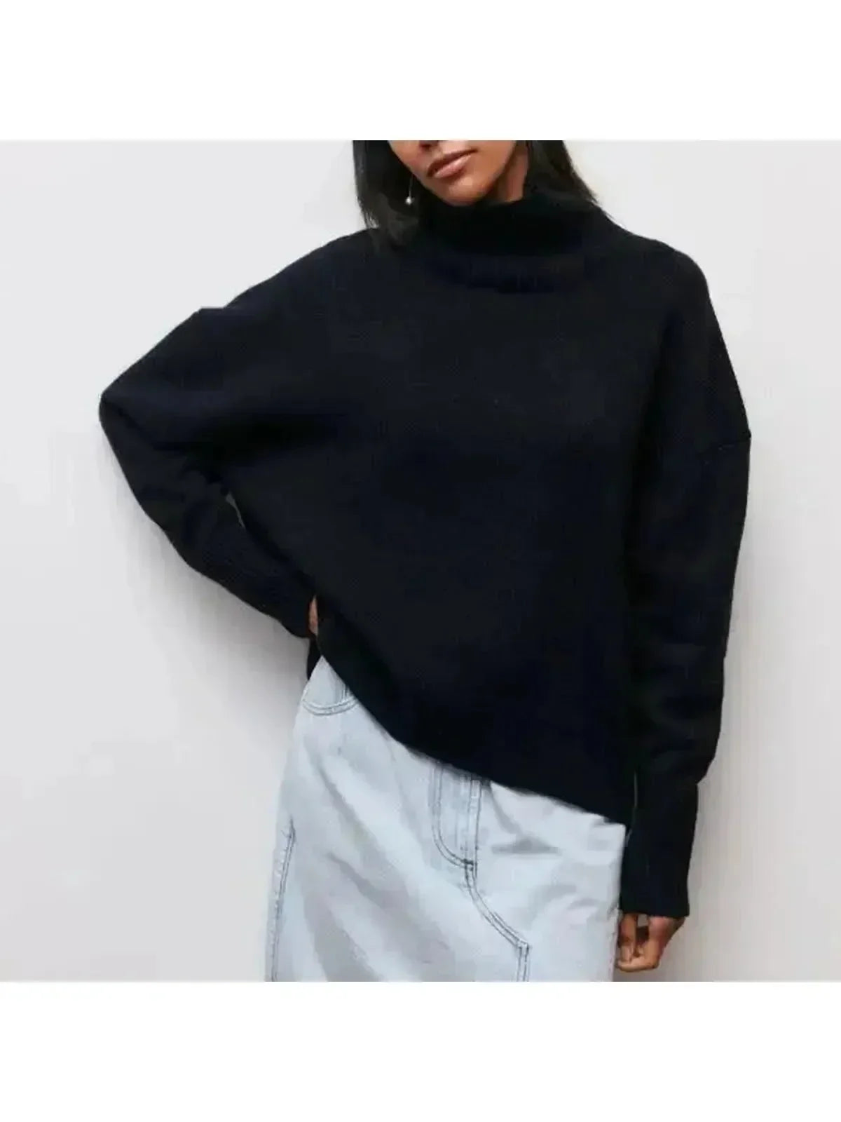 Black oversized fold over turtleneck elbow sleeve knit sweater