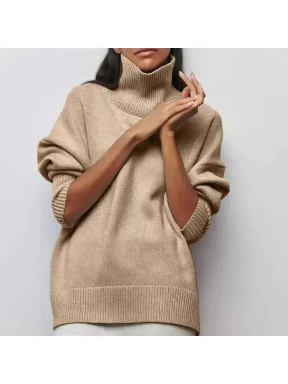Beige oversized fold over turtleneck elbow sleeve knit sweater