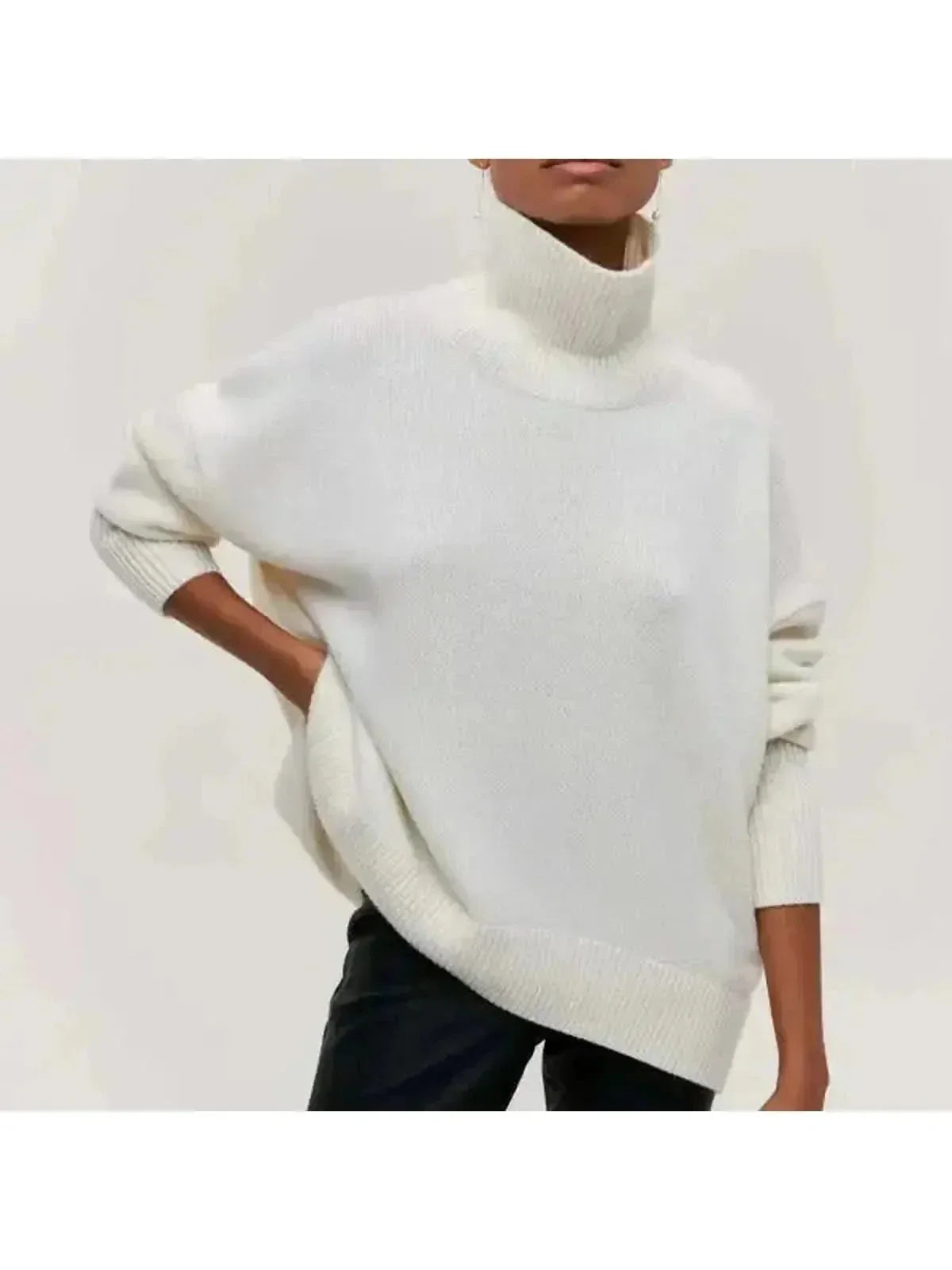White oversized fold over turtleneck elbow sleeve knit sweater