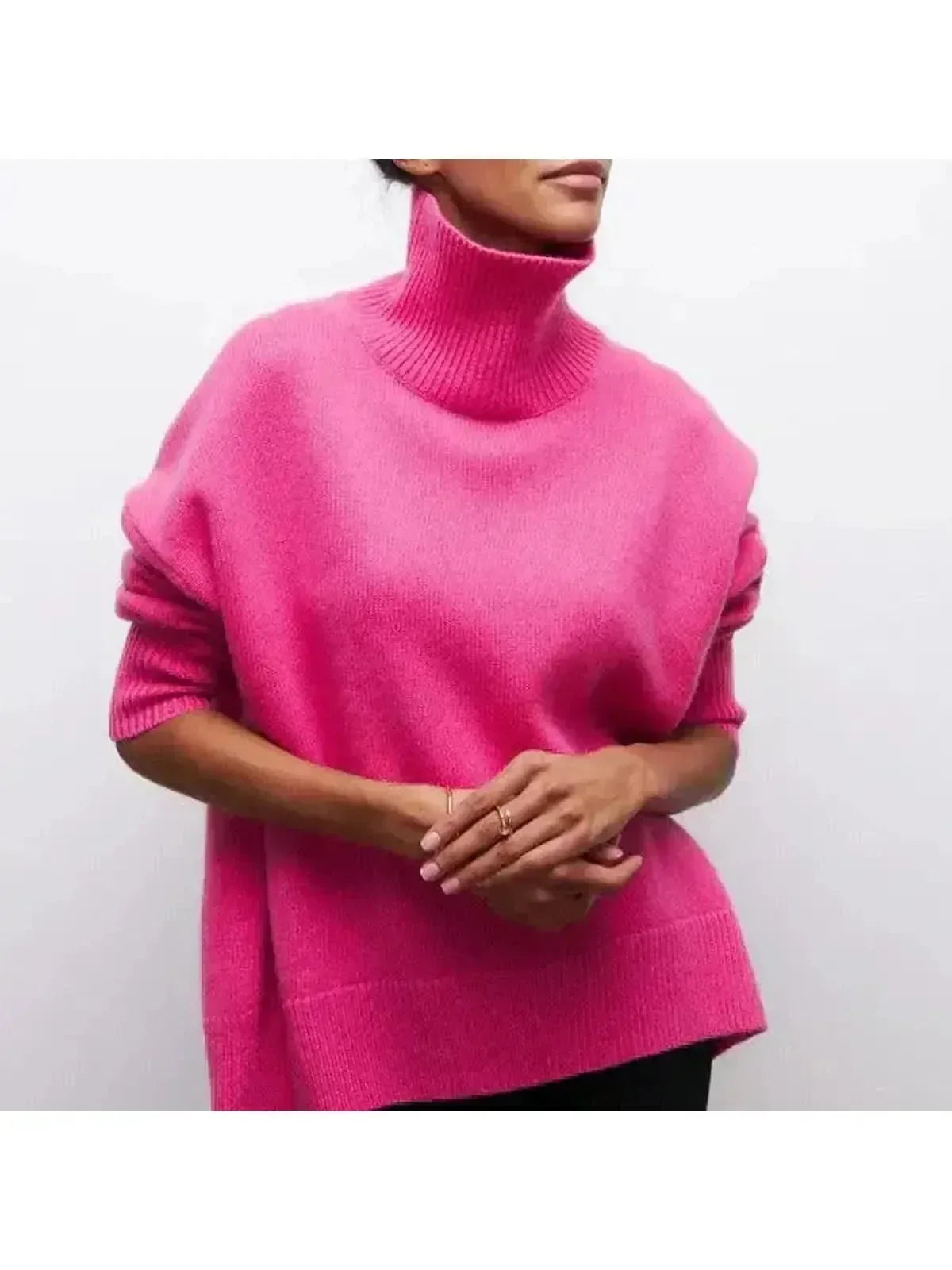 Pink oversized fold over turtleneck elbow sleeve knit sweater