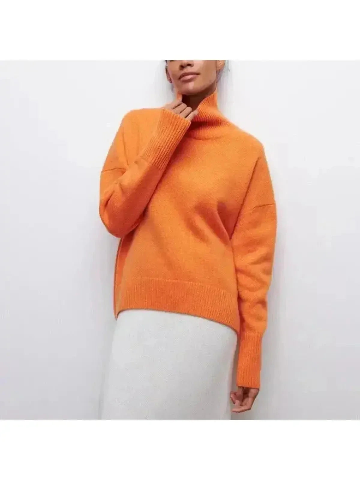 Orange oversized fold over turtleneck elbow sleeve knit sweater