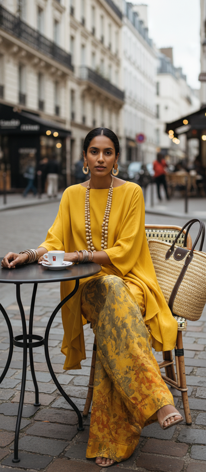 Yellow Two Piece Outfit  Women's High-Low Tunic Top & Floral Wide Leg Pants Set