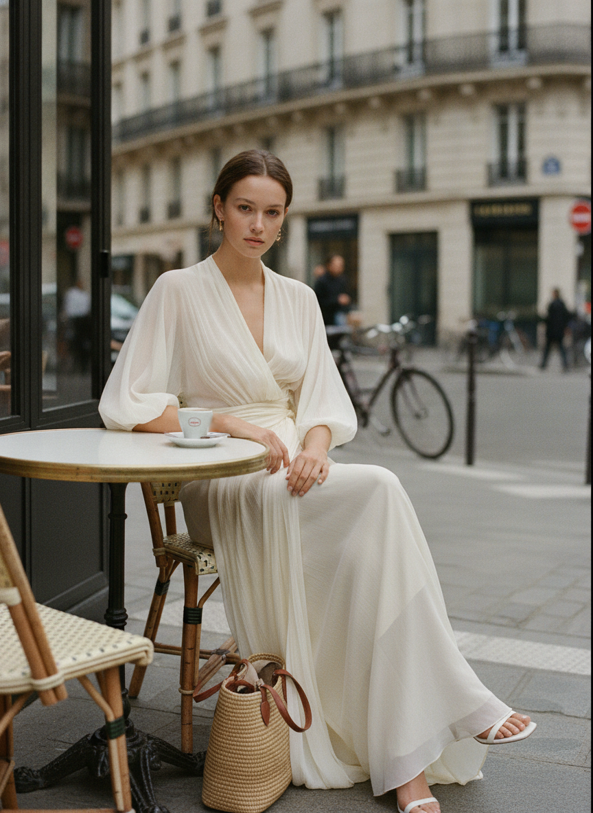 Women’s Ivory Sheer Chiffon Puff Sleeve Wrap Maxi Dress – Romantic Luxe Elegance