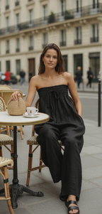 Women’s Strapless Linen Blend Jumpsuit – Minimalist Tie-Front Loose Fit Full-Length