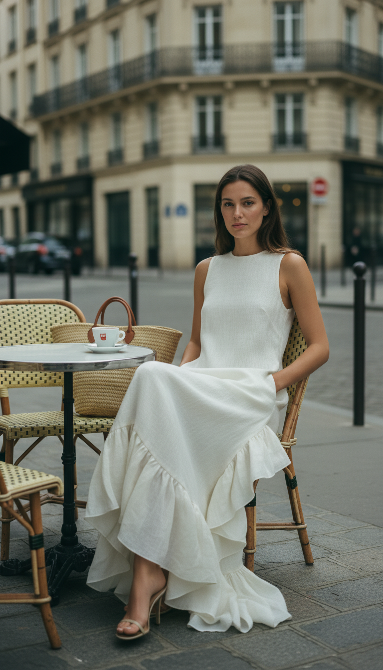 Women’s Ivory Linen Sleeveless Maxi Dress – Round Neck with Ruffle Hem