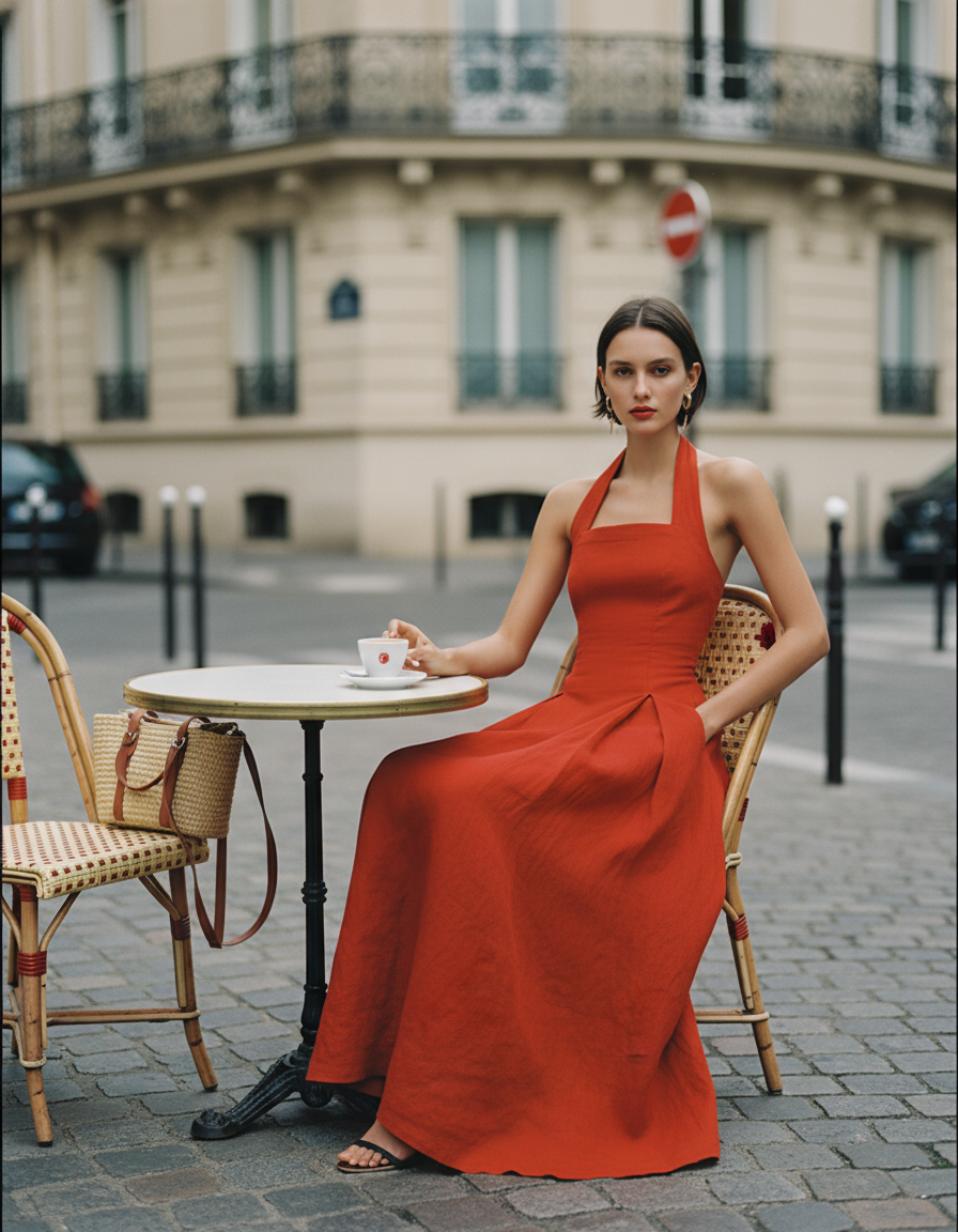 Halter neckline detail of red linen summer maxi dress