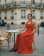 Halter neckline detail of red linen summer maxi dress