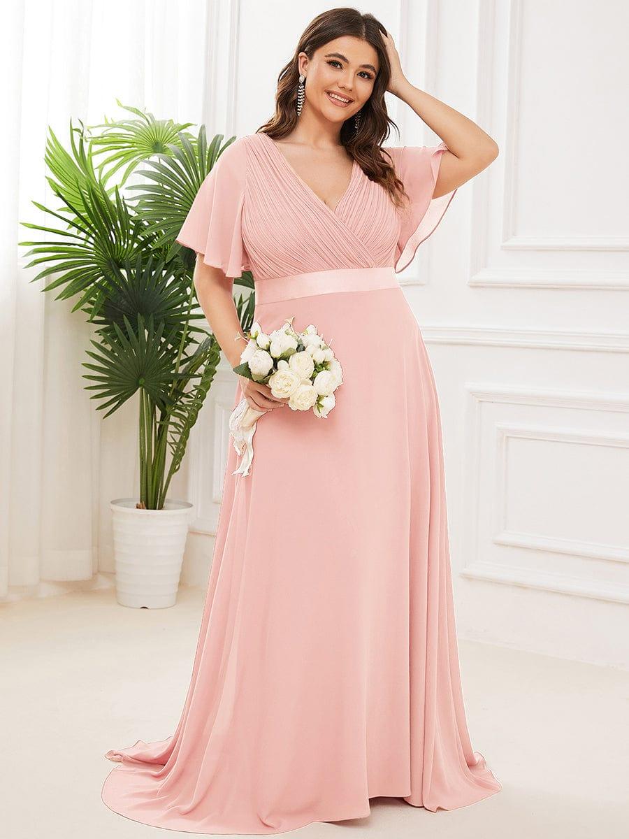 Plus Size Empire Waist Bridesmaid Dress with V Back and Short Sleeves