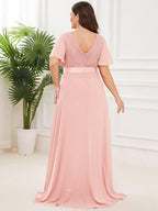 Plus Size Empire Waist Bridesmaid Dress with V Back and Short Sleeves