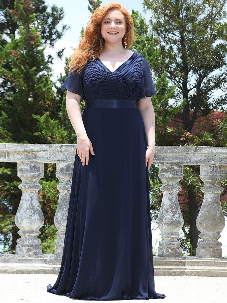 Plus Size Empire Waist Bridesmaid Dress with V Back and Short Sleeves