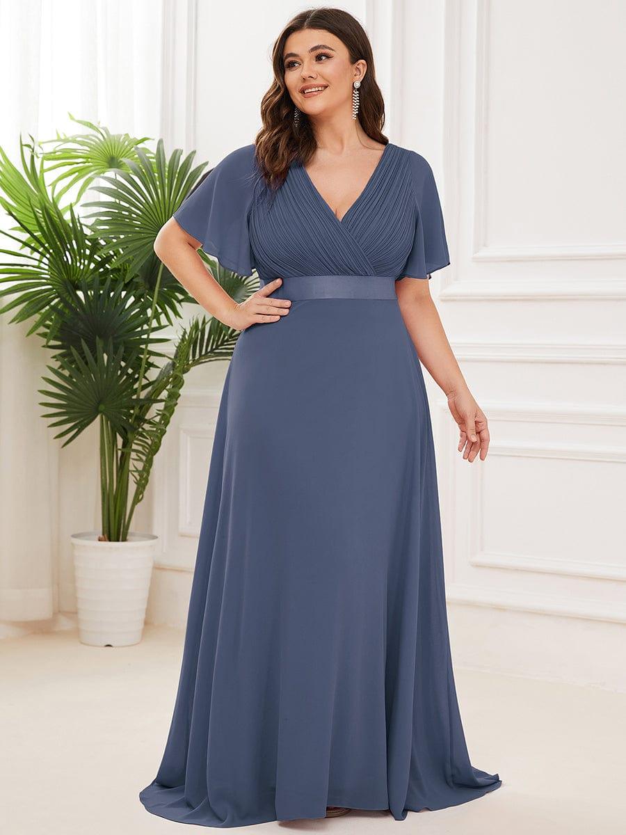 Plus Size Empire Waist Bridesmaid Dress with V Back and Short Sleeves