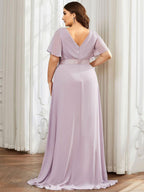 Plus Size Empire Waist Bridesmaid Dress with V Back and Short Sleeves