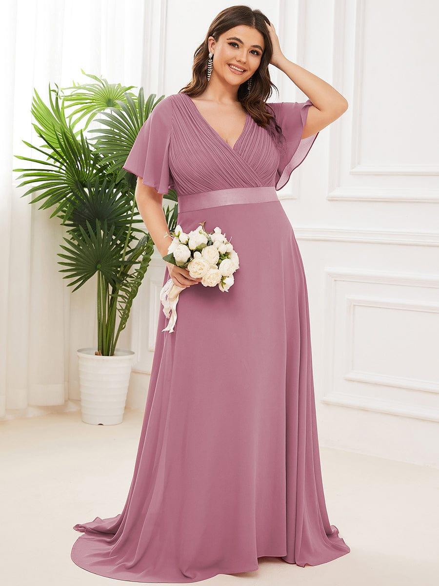 Plus Size Empire Waist Bridesmaid Dress with V Back and Short Sleeves